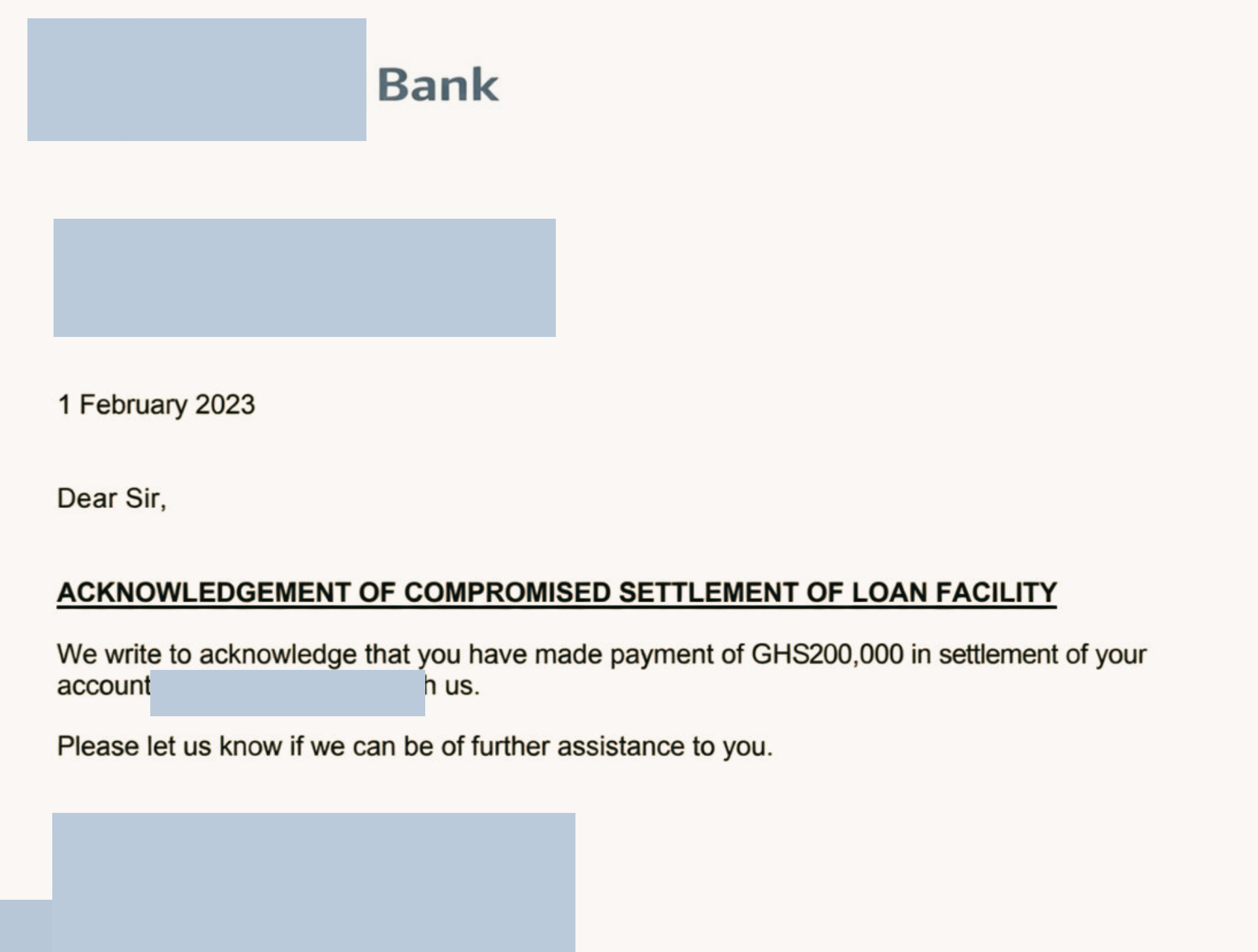 Bank loan settlement letter used as personal business proof.