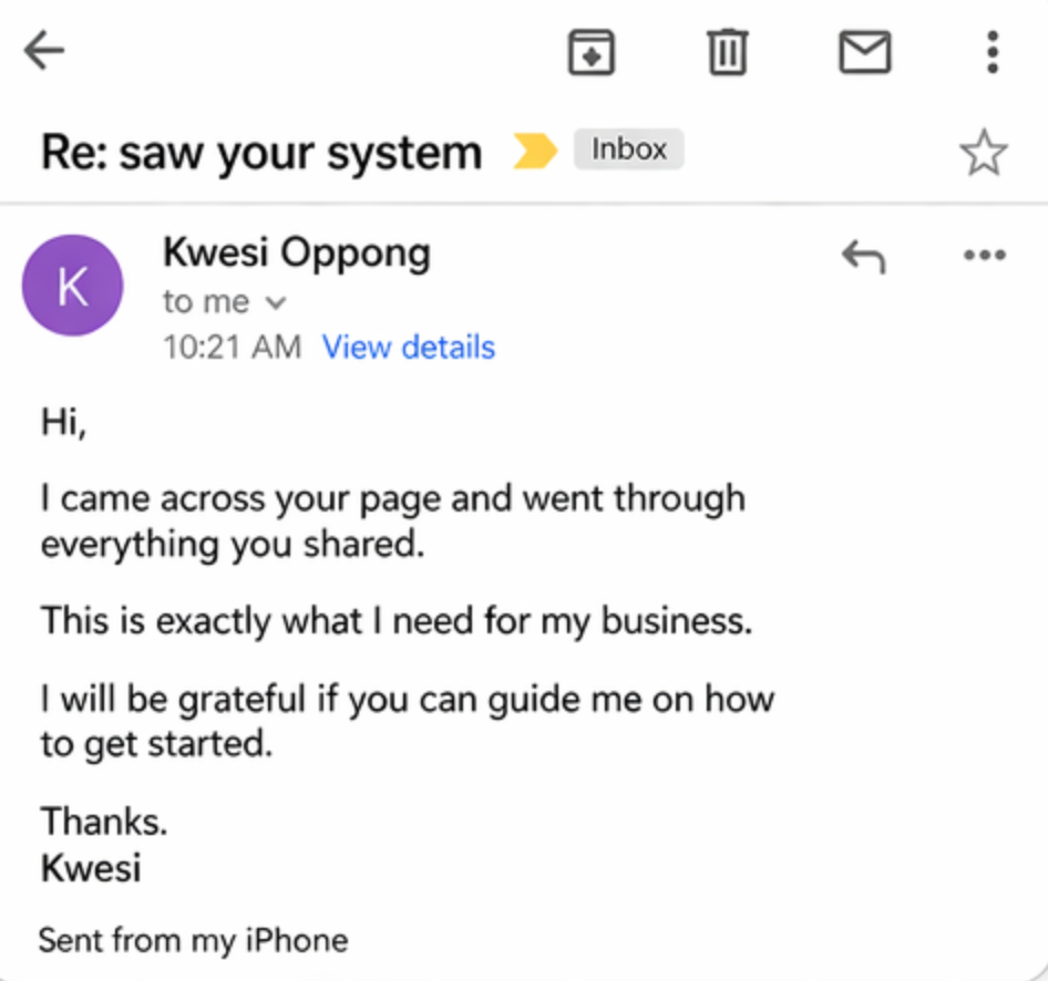 Email screenshot from someone asking for guidance after seeing the sales route.
