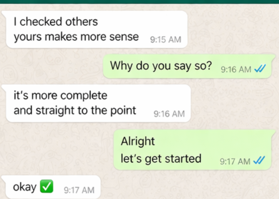 WhatsApp screenshot with a prospect agreeing to get started.
